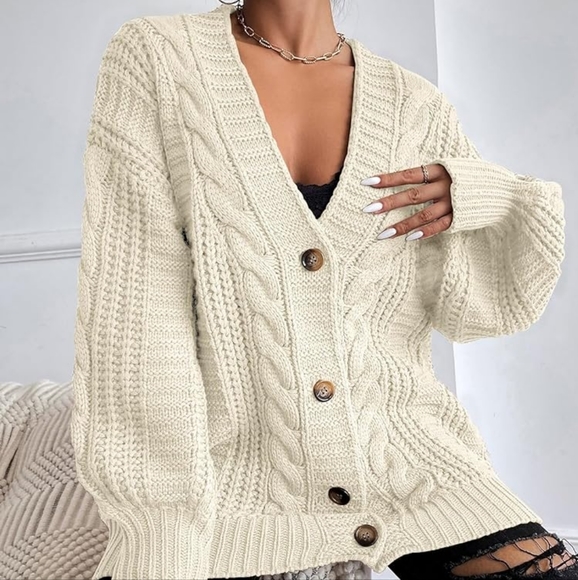 SOLD -🍦 Handmade Fisherman Style Cable Knit Button up V Neck Cardigan, XS-XXL - Picture 7 of 16